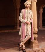 Beige hand & machine embroidery work silk jacquard gulzaar sherwani set