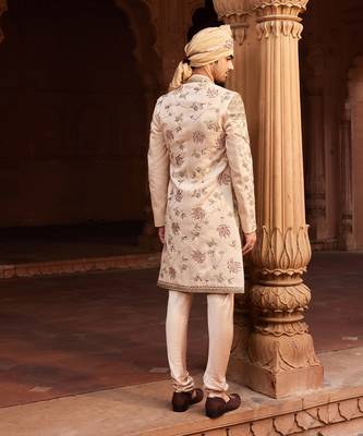 Beige hand & machine embroidery work silk jacquard gulzaar sherwani set 2