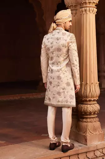 Beige hand & machine embroidery work silk jacquard gulzaar sherwani set