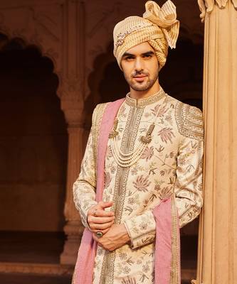 Beige hand & machine embroidery work silk jacquard gulzaar sherwani set 3