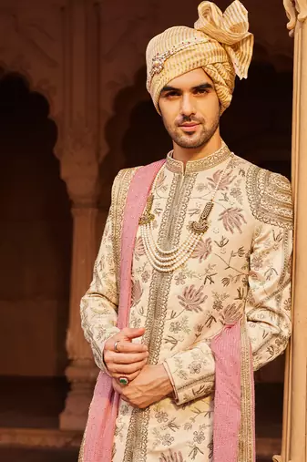 Beige hand & machine embroidery work silk jacquard gulzaar sherwani set
