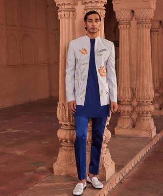 Powder blue hand paint & hand embroidered work pure silk bagh jacket set 1
