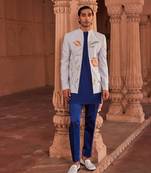 Powder blue hand paint & hand embroidered work pure silk bagh jacket set