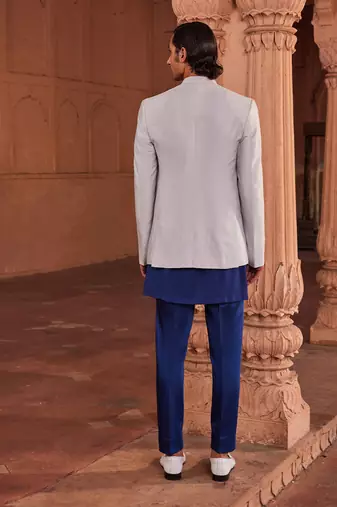 Powder blue hand paint & hand embroidered work pure silk bagh jacket set