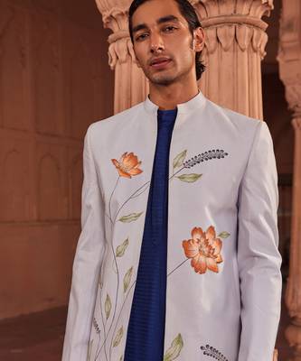 Powder blue hand paint & hand embroidered work pure silk bagh jacket set 3