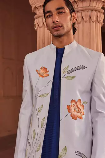 Powder blue hand paint & hand embroidered work pure silk bagh jacket set