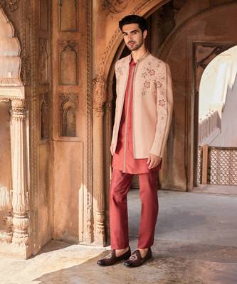 Dusty pink hand & machine embroidery work textured silk inayat jacket set 1
