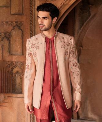 Dusty pink hand & machine embroidery work textured silk inayat jacket set 2