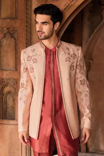 Dusty pink hand & machine embroidery work textured silk inayat jacket set