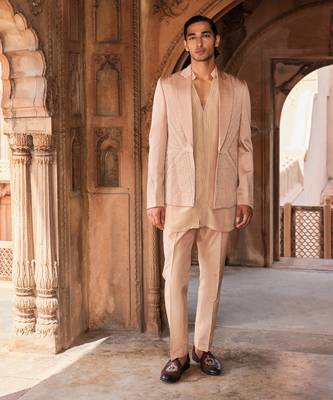 Rosebrown hand embroidered work linen silk raina jacket set 1