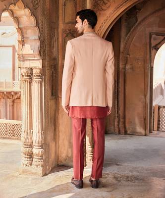 Dusty pink hand & machine embroidery work textured silk inayat jacket set 3