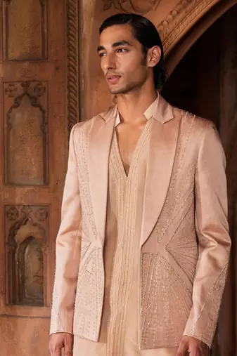 Rosebrown hand embroidered work linen silk raina jacket set