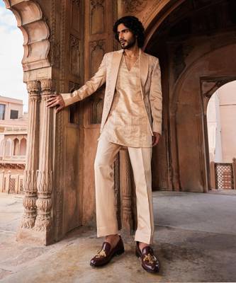 Beige hand & machine embroidery work linen silk tabeer jacket set 1
