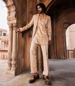 Beige hand & machine embroidery work linen silk tabeer jacket set