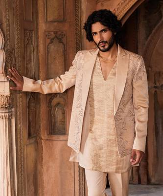 Beige hand & machine embroidery work linen silk tabeer jacket set 2
