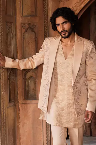 Beige hand & machine embroidery work linen silk tabeer jacket set