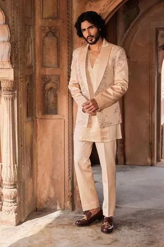 Beige hand & machine embroidery work linen silk tabeer jacket set