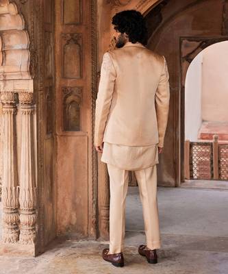 Beige hand & machine embroidery work linen silk tabeer jacket set 4