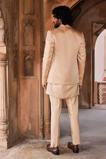 Beige hand & machine embroidery work linen silk tabeer jacket set