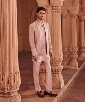 Mauve hand & machine embroidery work textured silk naaz jacket set 1