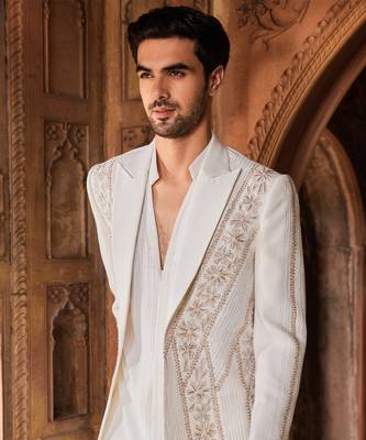 Ivory hand & machine embroidery work tokyo suiting israt jacket set 3