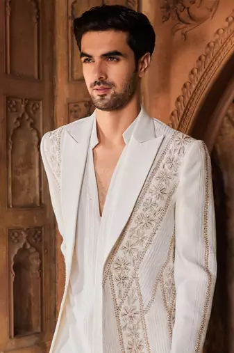 Ivory hand & machine embroidery work tokyo suiting israt jacket set