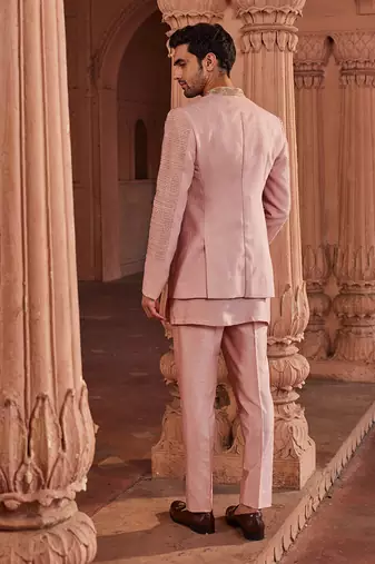 Mauve hand & machine embroidery work textured silk naaz jacket set
