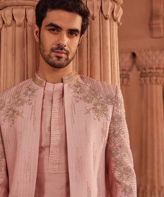 Mauve hand & machine embroidery work textured silk naaz jacket set 3