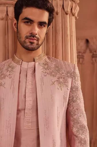 Mauve hand & machine embroidery work textured silk naaz jacket set
