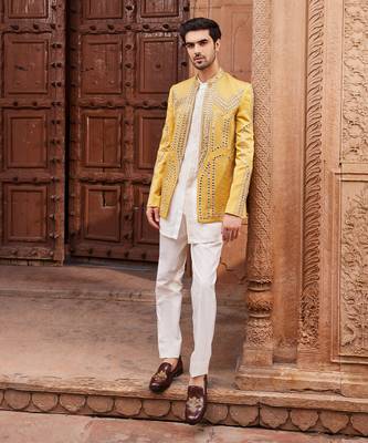 Mustard hand & machine embroidery work linen silk seerat jacket set 1
