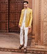 Mustard hand & machine embroidery work linen silk seerat jacket set