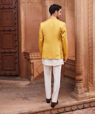 Mustard hand & machine embroidery work linen silk seerat jacket set 2