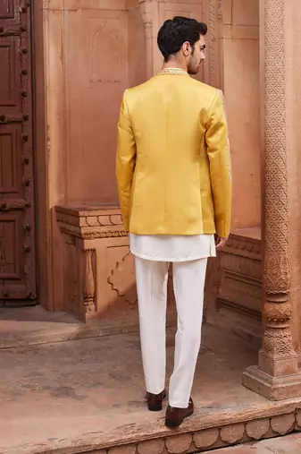 Mustard hand & machine embroidery work linen silk seerat jacket set