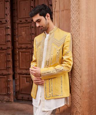 Mustard hand & machine embroidery work linen silk seerat jacket set 3