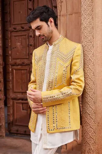 Mustard hand & machine embroidery work linen silk seerat jacket set