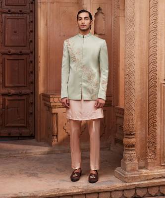 Sage green hand & machine embroidery work silk jacquard ruhaab jacket set 1