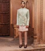 Sage green hand & machine embroidery work silk jacquard ruhaab jacket set