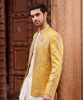 Mustard hand & machine embroidery work linen silk seerat jacket set 4