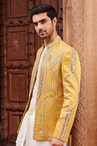 Mustard hand & machine embroidery work linen silk seerat jacket set