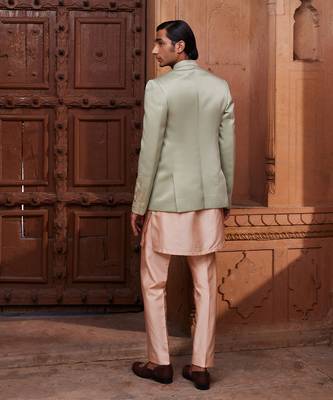 Sage green hand & machine embroidery work silk jacquard ruhaab jacket set 2