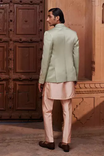 Sage green hand & machine embroidery work silk jacquard ruhaab jacket set