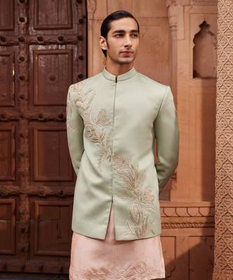 Sage green hand & machine embroidery work silk jacquard ruhaab jacket set 3