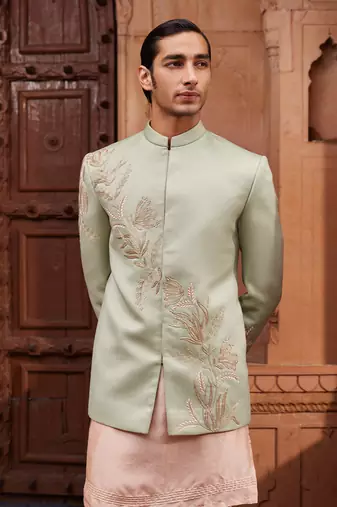 Sage green hand & machine embroidery work silk jacquard ruhaab jacket set
