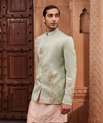 Sage green hand & machine embroidery work silk jacquard ruhaab jacket set 4