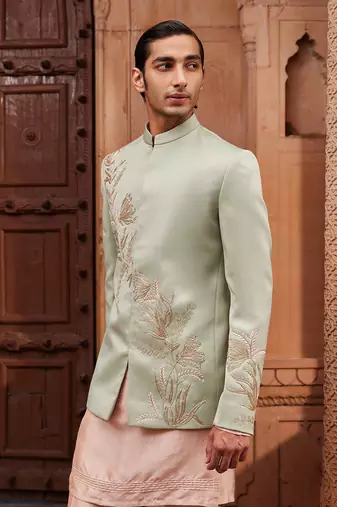 Sage green hand & machine embroidery work silk jacquard ruhaab jacket set
