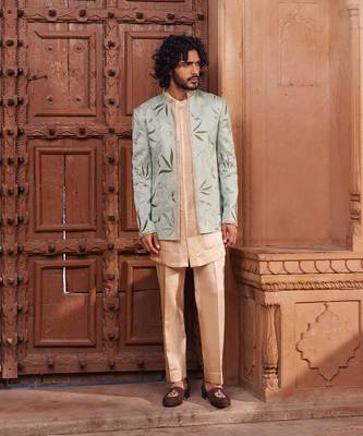 Sage green hand & machine embroidery work silk jacquard sage velvet patch jacket set 1