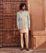 Sage green hand & machine embroidery work silk jacquard sage velvet patch jacket set