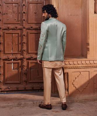Sage green hand & machine embroidery work silk jacquard sage velvet patch jacket set 2