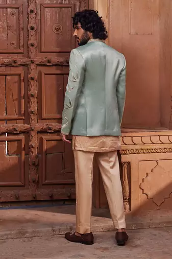 Sage green hand & machine embroidery work silk jacquard sage velvet patch jacket set