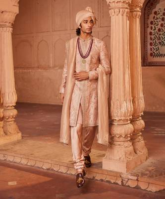 Rosebrown hand & machine embroidery work raw silk izaar sherwani set 1